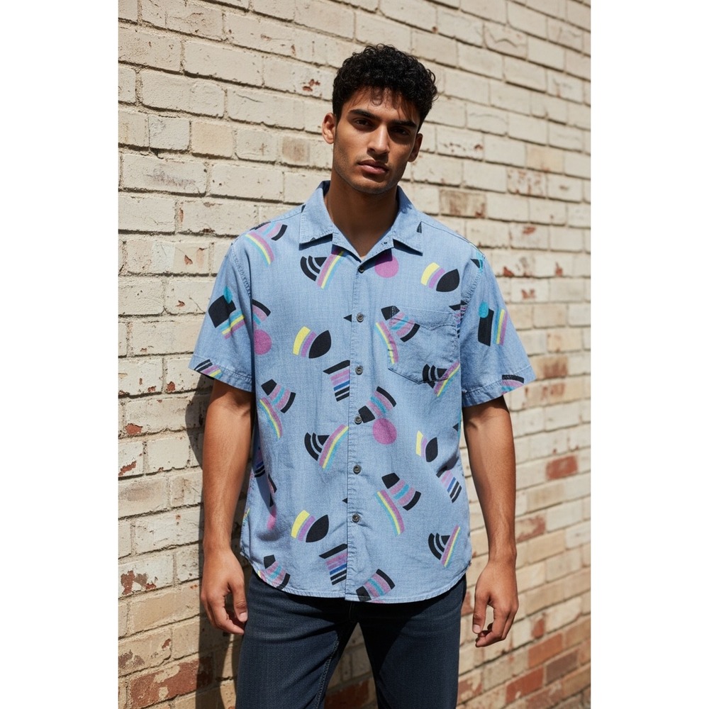 Target Takepride Mens Small Blue Chambray Abstract Rainbow Print Button Down